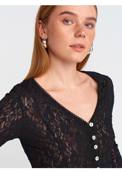 60433 Düğmeli Peplum Dantel Hırka-Siyah