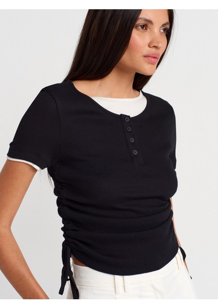 31816 Çift Katlı Büzgülü T-Shirt-Siyah modelleri