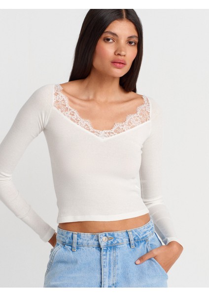 31782 Dantel Şeritli Uzun Kollu Top-Ekru modelleri