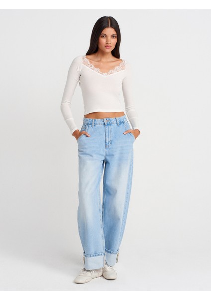 31782 Dantel Şeritli Uzun Kollu Top-Ekru fırsatları