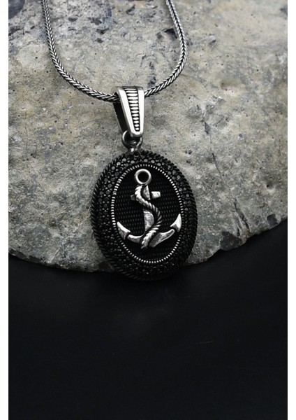 Çapa Modelı Mikro Taş Süslemeli 925 Ayar Gümüş Kolye Zincir 901793