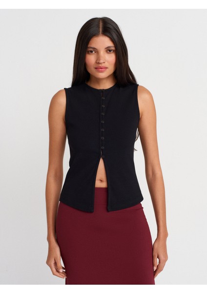 31701 Düğme Detaylı Kolsuz Top-Siyah
