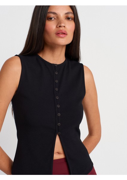 31701 Düğme Detaylı Kolsuz Top-Siyah