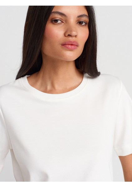 31763 Bisiklet Yaka T-Shirt-Ekru modelleri