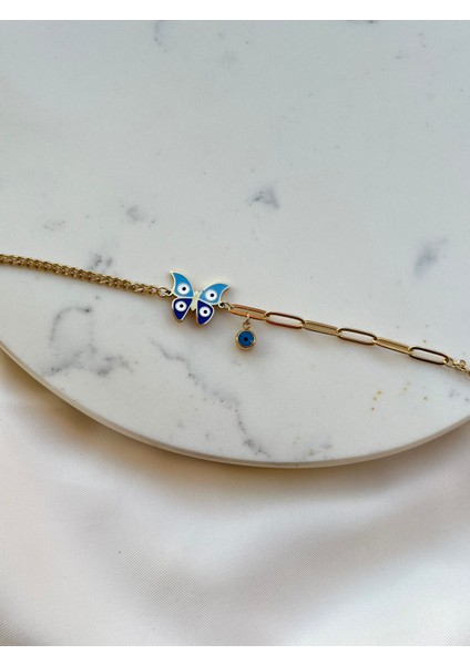 Gold Zincir Kelebek Nazar Motifli Kararmaz Kadın Bilelik Abiye Bileklik Vintage Bileklik Yazlık Bileklik