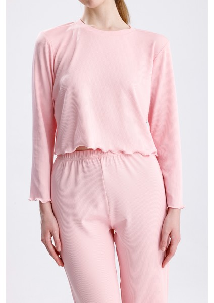 Kadın Fitilli Dalgıç Çizgi Desenli Fırfırlı Uzun Kolu Pijama Takımı fiyatları