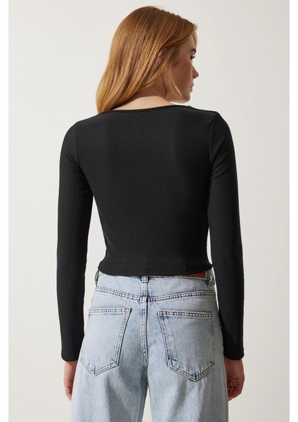 Kadın Siyah Kare Yaka Ottoman Kumaş Crop Bluz indirimleri