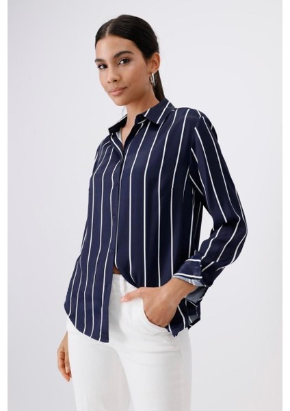 Lacivert Çizgili Viskon Gömlek fırsatları