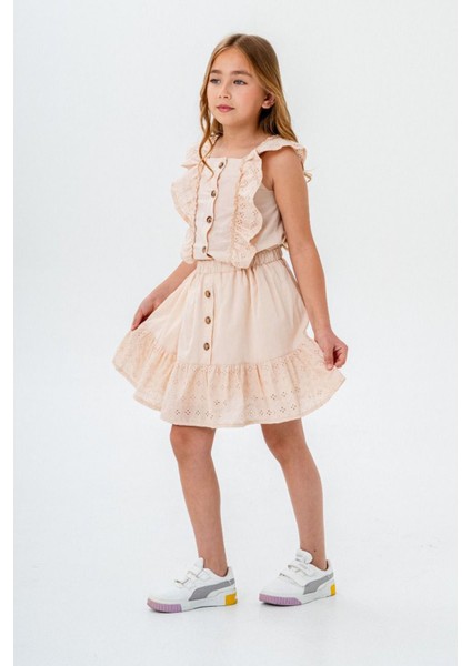 Brodeli Kız Çocuk Etekli 2 li takım - Kahve