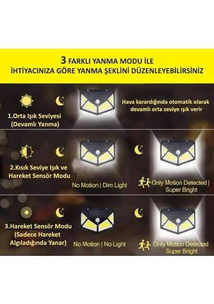 Hareket Sensörlü 114 LED Bahçe Lambası - 3 Modlu Solar Aydınlatma Su Geçirmez
