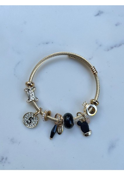 Gold Şerit Siyah Charmlı Kadın Bileklik Yazlık Bileklik Abiye Bileklik Vintage Bileklik