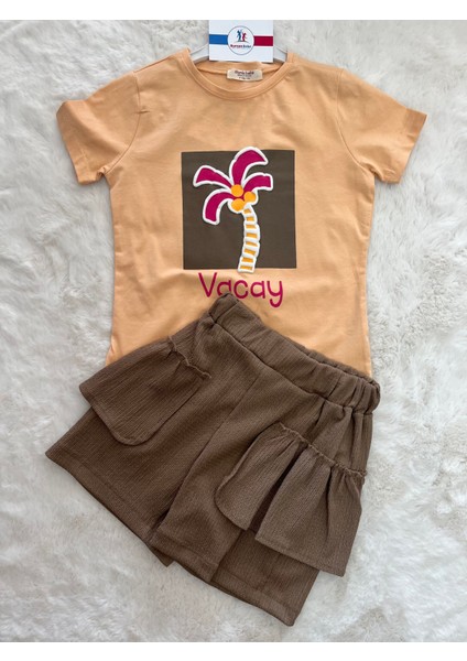 Palmiyeli Eteği Müslin Kız Ikili Takım
