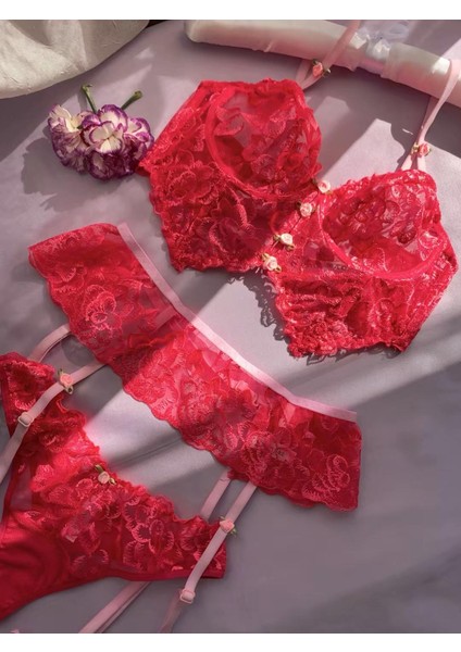 Pınk Eden- Gül Işlemeli Pembe Jartiyer Set