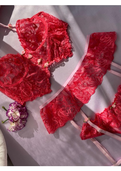 Pınk Eden- Gül Işlemeli Pembe Jartiyer Set modelleri