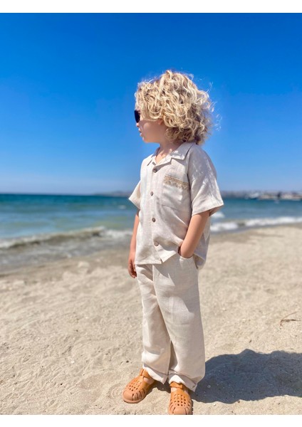 Cebi Nakışlı Gömlek Pantolon Keten Erkek Çocuk Takım
