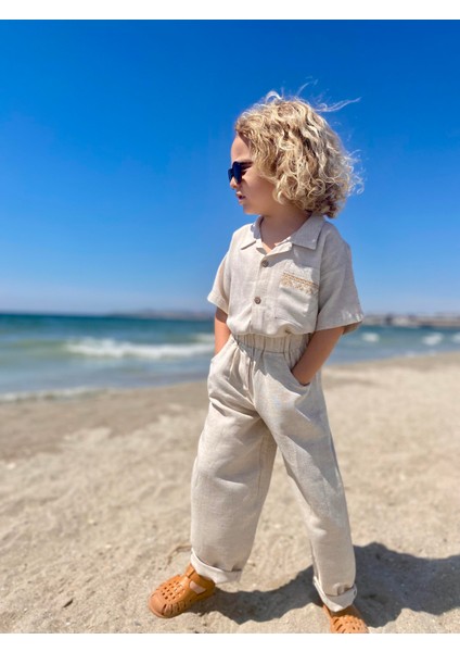 Cebi Nakışlı Gömlek Pantolon Keten Erkek Çocuk Takım modelleri
