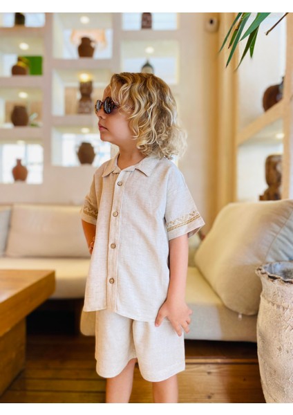 Kolları Nakışlı Gömlek Şort Keten Erkek Çocuk Takım