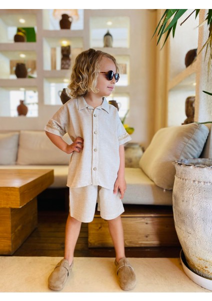Kolları Nakışlı Gömlek Şort Keten Erkek Çocuk Takım modelleri