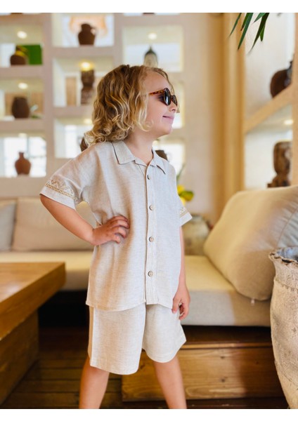Kolları Nakışlı Gömlek Şort Keten Erkek Çocuk Takım fırsatları