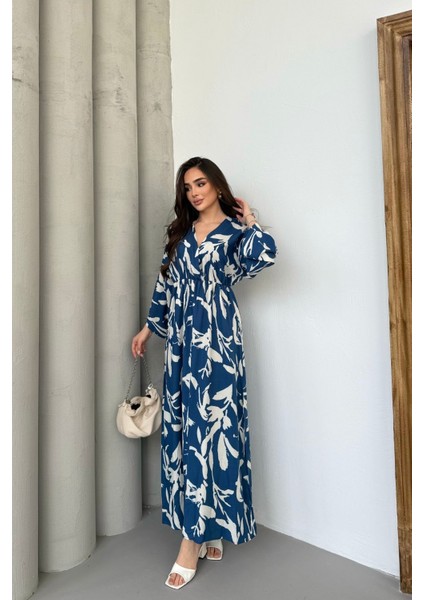 Kadın Mavi Beyaz Kuş Desenli Beli Lastikli Uzun Yırtmaçlı Kruvaze Elbise fiyatları