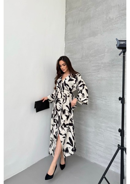 Kadın Siyah Beyaz Kuş Desenli Beli Lastikli Uzun Yırtmaçlı Kruvaze Elbise fiyatları