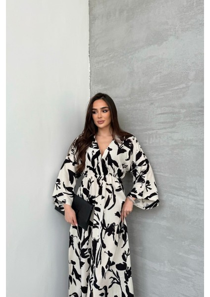 Kadın Siyah Beyaz Kuş Desenli Beli Lastikli Uzun Yırtmaçlı Kruvaze Elbise fırsatları