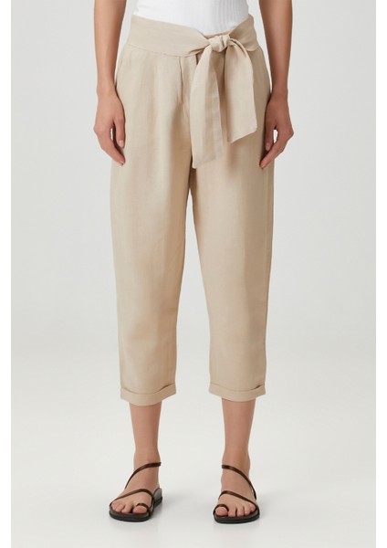 Belted Keten Pantolon Bej
