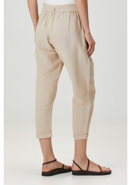 Belted Keten Pantolon Bej