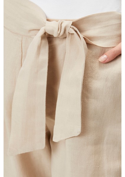Belted Keten Pantolon Bej