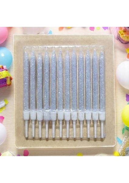 Doğum Günü Pasta Mumu Gümüş 12 Adet Simli Mum 10 cm Kutlama Mumu