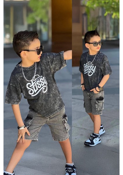 Stissy Baskılı Süprem Kot Şortlu Erkek çocuk takım - Antrasit