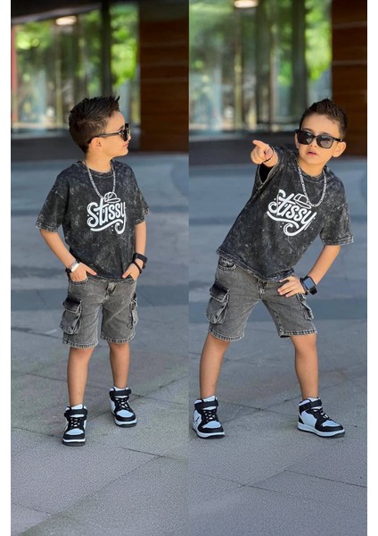Stissy Baskılı Süprem Kot Şortlu Erkek çocuk takım - Antrasit fiyatları