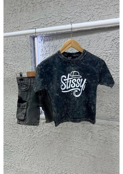Stissy Baskılı Süprem Kot Şortlu Erkek çocuk takım - Antrasit