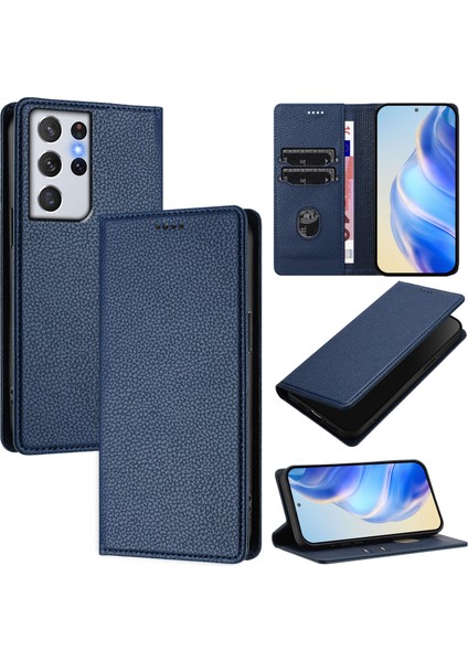 Samsung Galaxy S21 Ultra Için Kılıf Manyetik Kapatma Ince Rfıd Engelleme Deri Cüzdan Telefon Kılıfı Kart Yuvaları ile (Yurt Dışından)