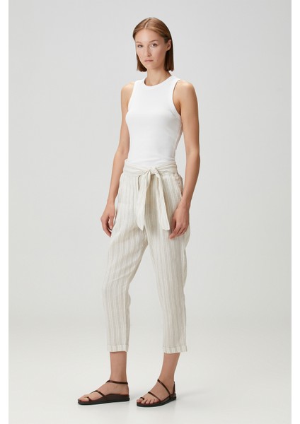 Belted Keten Pantolon Naturel / Çizgili