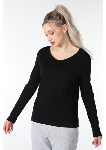 Kadın Uzun Kollu V Yaka Tişört Siyah modelleri