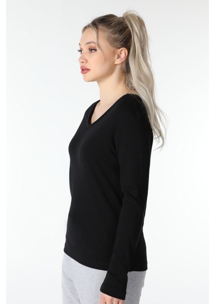 Kadın Uzun Kollu V Yaka Tişört Siyah fırsatları