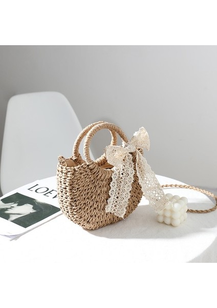 Messenger Küçük Çanta Kadın Dantel Yay El Dokuması Çanta Tek Omuz Taşınabilir Messenger Hasır Çanta (Yurt Dışından)