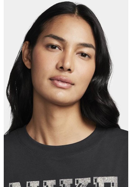 Sportswear Fleece Boyfriend Short Sleeve Pamuklu Bol Kesim Kadın Tişört Antrasit