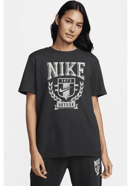 Sportswear Fleece Boyfriend Short Sleeve Pamuklu Bol Kesim Kadın Tişört Antrasit fiyatları