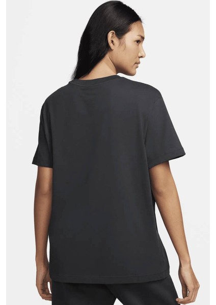 Sportswear Fleece Boyfriend Short Sleeve Pamuklu Bol Kesim Kadın Tişört Antrasit modelleri