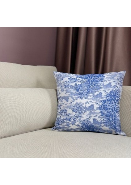Yüksek Kaliteli Desenli Jakarlı Dokuma Kumaş Kırlent 45 x 43 cm (İçi Dolu) Mavi Ağırlıklı