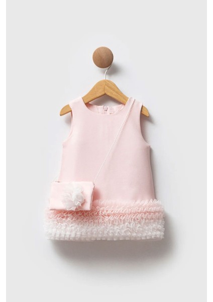 Fırfır Detaylı Çantalı Kız Çocuk elbise - Pudra