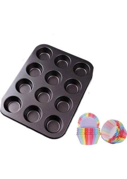 Home 12'li Yanmaz Yapışmaz Muffin Kek Kalıbı/fırın Kalıbı/ Muffin Kalıbı/ Kek Kalıbı (100 Adet Kağıt Hediyeli)