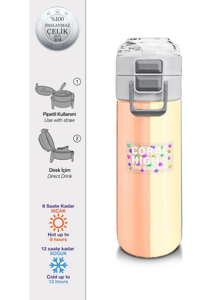 Kids Kız Desenli Pipetli ve Direkt Içim Çelik Termos 500 ml