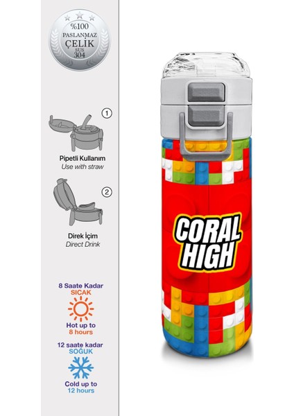 Kids Erkek Desenli Pipetli ve Direkt Içim Çelik Termos 500 ml