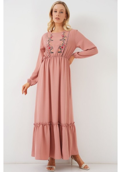 Nakışlı Uzun Tesettür Elbise 2550 - Pudra