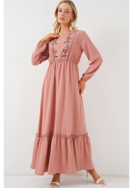 Nakışlı Uzun Tesettür Elbise 2550 - Pudra modelleri