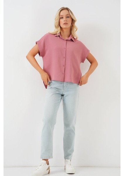 Oversize Kısa Kol Gömlek 20322 - Pembe