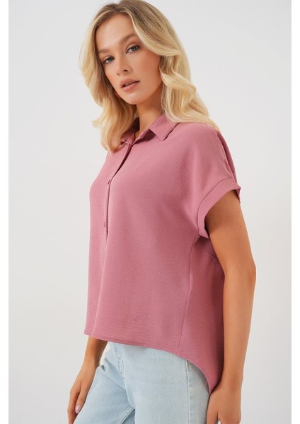 Oversize Kısa Kol Gömlek 20322 - Pembe